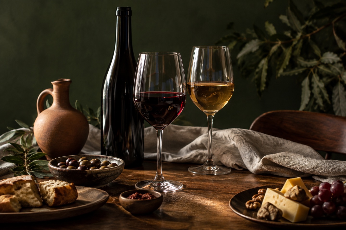 Rotwein und bernsteinfarbener Wein am Tisch